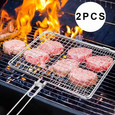 2 piezas Cesta de parrilla cuadrada de acero inoxidable con cierre y mango de madera resistente al calor, rejilla de barbacoa portátil de malla, clip de parrilla plegable para hamburguesas, salchichas, verduras, cocina al aire libre en el patio