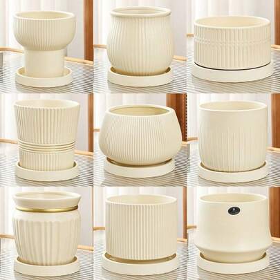 1pc Minimalist Ceramic Planter With Tray, Creative Striped Design, Cream Color Small Succulent Pot, Simple Flower Pot, Suitable For Phalaenopsis And Indoor Plants