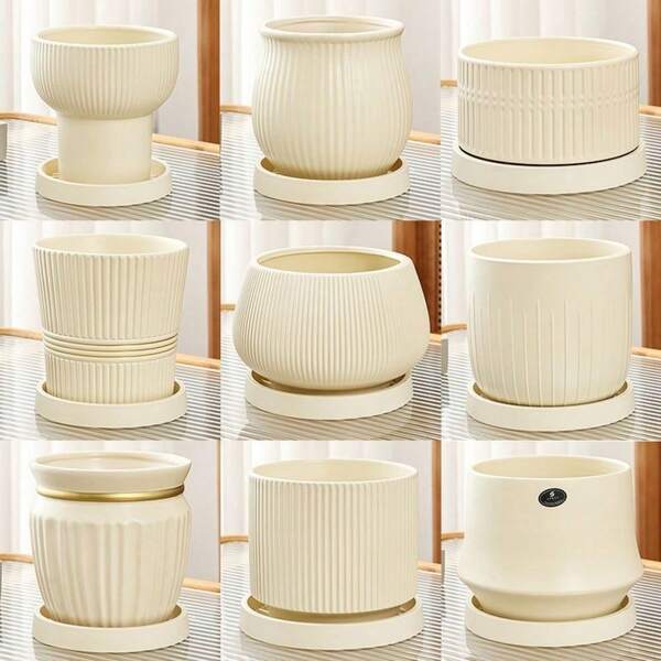 1pc Minimalist Ceramic Planter With Tray, Creative Striped Design, Cream Color Small Succulent Pot, Simple Flower Pot, Suitable For Phalaenopsis And Indoor Plants