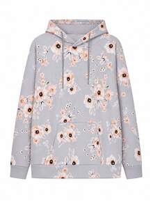 Hoodie Ukuran Besar Motif Bunga dengan Kantong Kanguru dan Tali Serut untuk Liburan Santai - Light Grey - View 2