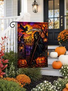 1 pieza Bandera de jardín de lino de Halloween, con estampado de vidriera de la parca, calabaza, cuervo, luna llena, puerta del cementerio y telaraña, con funda para poste, decoración gótica para exteriores para césped, porche, patio, camino, casa embrujada y decoración de fiesta de Halloween - Multicolor - Ver 4