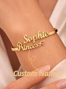 Customized Name Bracelet, Women's Bracelet, Minimalist Stainless Steel Jewelry, Personalized Double Name Bracelet, Customized Name Bangle, Couple Name, Friend Name, Family Name Accessory, Summer Accessory, Beach Accessory, Silver, Gold Open Bangle, Mother's Day Gift - Multicolor - View 2