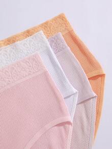FINETOO 7pcs Lace Waistband Ribbed Cotton Women's Panties, High Waist Skin-Friendly Multi-Color Assorted Triangle Briefs - Multicolor - View 5