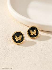 1 par / 7 pares de pendientes de botón de acero inoxidable 304 esmaltado, combinación de pendientes dorados con múltiples estilos de corazón, hoja y mariposa, joyería hipoalergénica, regalo adecuado para mujeres - Multicolor - Ver 18