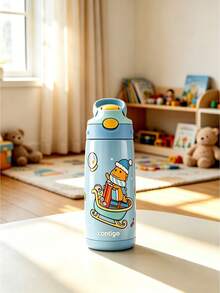 Kids Stainless Steel Vacuum Insulated Water Bottle, Leakproof Pop Up Straw Tumbler With Carry Handle, Cartoon Pattern Thermal Cup For Toddler School Outdoor - Blue - View 1