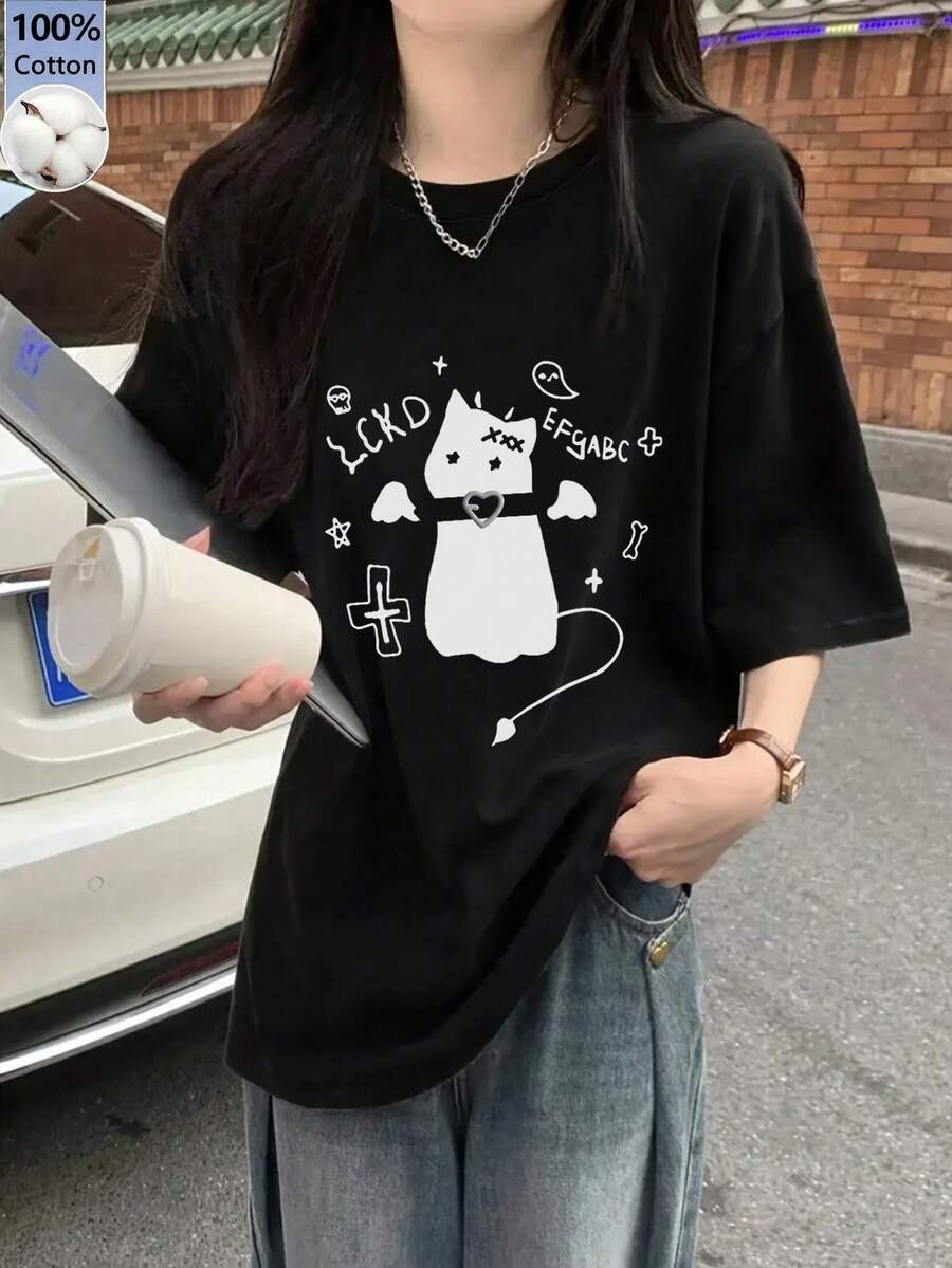 女款寬鬆圓領復古百搭卡通惡魔貓印花短袖T恤,夏季休閒黑色 - 黑色 - 查看 1
