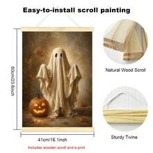 1 pieza Póster de lienzo con marco/sin marco de carro de calabaza fantasma estilo acogedor de otoño campestre, decoración de arte de pared Cottagecore espeluznante de Halloween, pintura de pergamino de bruja de granja de otoño, adecuado para pasillo, apartamento, dormitorio, decoración del hogar moderno - B - Ver 18