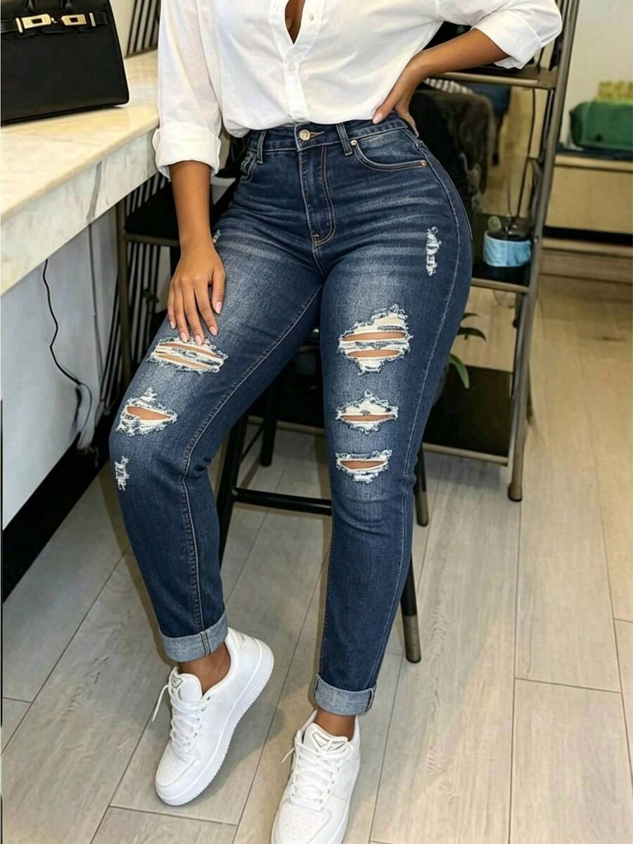 Women High Elastic High Waist Skinny Distressed Ripped Jeans, Butt Lifting Full Length Denim Pants Ideal For Pear Shaped Figures - Dark Wash - View 1