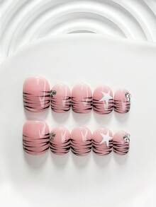 10件組個性化手工穿戴甲，Polygel美甲套組，豹紋五角星水鑽設計，粉色與黑色指甲油，甜酷風，附美甲工具，3種尺寸可選，方型/短方型/杏仁形，適合派對、跳舞、日常配戴 - 彩色 - 查看 19