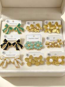 9 Pairs Asymmetric Textured Stainless Steel Fashion Pearl Stud Earrings, Including Flower And Bow Designs. Elegant Pearl Earrings Suitable For Various Occasions, Valentine's Day, Mother's Day, Gifts. High-Quality Hypoallergenic Daily Wear Earrings, Perfect Gift For Family And Friends - Pearl Set - View 5