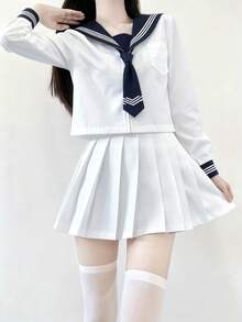 1件裝可愛JK校園制服套裝，附領結，女款水手風校園JK制服，白色長袖上衣搭配白色百褶裙，秋季款 - 白色 - 查看 5