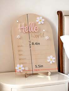 Tablero de anuncio de nacimiento de madera moldeada de una sola pieza, decorado con crisantemo "Hola Mundo", incluye sección de información de nacimiento, pancarta de madera arqueada con nombre del recién nacido, accesorios de fotografía para recién nacidos, decoración de recuerdo para bebé, adecuado como regalo de baby shower, regalo de Pascua para niños y niñas - Multicolor - Ver 2