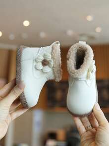 Gentle Floral Girls' Thermal-Lined Ankle Boots, Soft Sole Anti-Slip Autumn/Winter Baby Boots - Beige - View 5