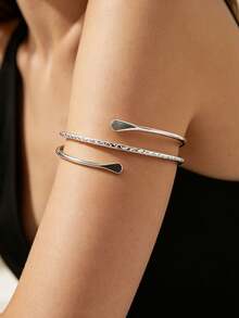 Juego de 6 pulseras tipo brazalete ajustables de metal plateado, estilo sencillo de vacaciones de verano, holgadas, con diseño geométrico espiral, decoración de Halloween - 6 piezas de plata - Ver 3