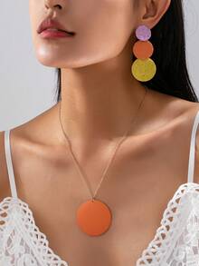 European & American Cross-Border Minimalist New French Round Disc Earrings & Necklace Set, Macaron Color Korean Style Ethereal Sweet Cool Geometric Versatile Creative Patchwork INS Fashion Personalized Elegant Jewelry Set - Deep Magenta - View 5