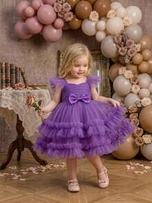 Gaun Pengantin Lucu Berbahan Tulle dengan Pita untuk Bayi Perempuan, Cocok untuk Pesta Ulang Tahun, Bando Tidak Termasuk - Purple - View 2