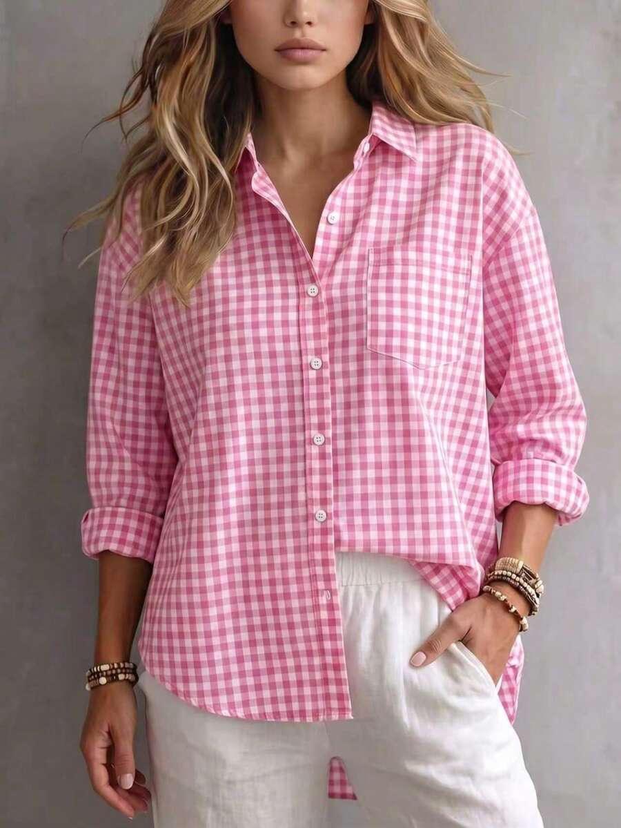 Camisa de punto de manga larga con cuello vuelto y botones, estilo vintage literario elegante casual para mujer, a cuadros, rosa, para otoño, oficina, uso diario, vuelta al cole y universidad - Rosa - Ver 1