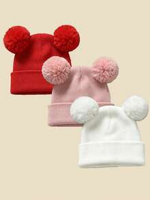 3pcs/Set Baby & Toddler Knitted Double Pom Earflap Hats, Thin Warm, Solid Color Versatile, Suitable For Spring, Autumn, Winter - Multicolor - View 13