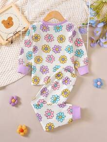 BrownBark Girls' Spring/Autumn Long Sleeve Home Wear Set, Colorful Face & Floral Print, Round Neck, Soft & Comfortable, Breathable Casual 2-Piece Set With Long Pants, 2-7 Years Old - Beige - View 10