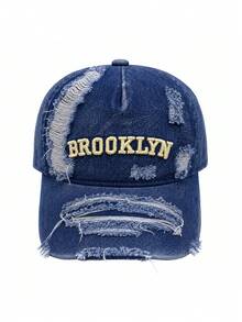 1件中性款做舊水洗牛仔棒球帽，BROOKLYN字母刺繡復古磨損破洞卡車帽，可調節街頭風Y2K遮陽帽 - BROOKLYN牛仔破洞 - 查看 5