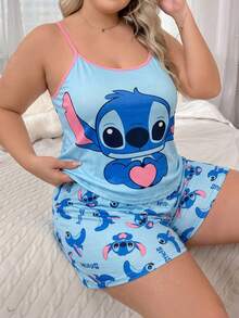 Disney Plus-Size Women's Pajama Set, Stitch Heart Print Top And Shorts, Casual Loungewear. - Multicolor - View 3