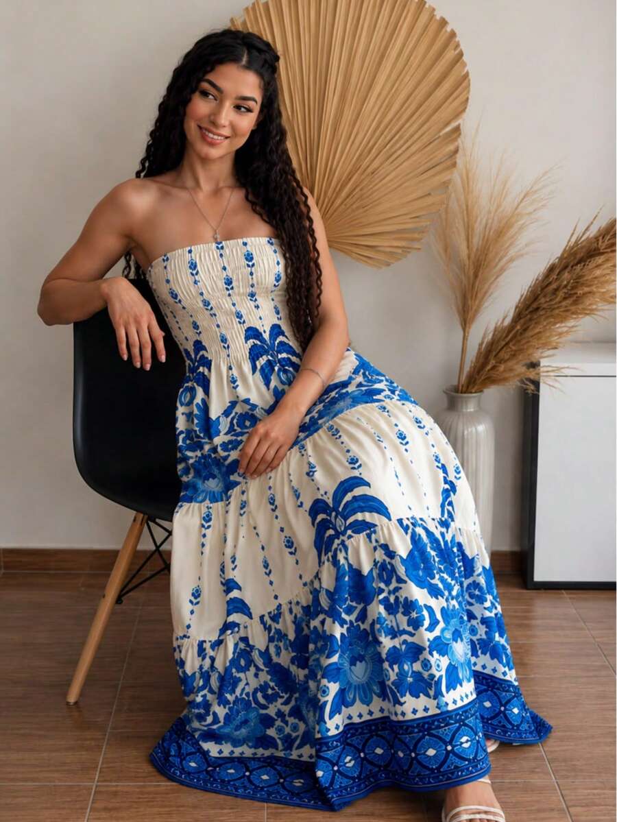 July Tropical Strapless Dress In Various Prints, 2025 Collection - Navy Blue - View 1