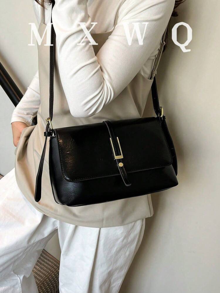 Fashion Casual Solid Color PU Flap Square Bag (Pendant Not Included), Suitable For Commuting, Shopping And Other Occasions - Black - View 1