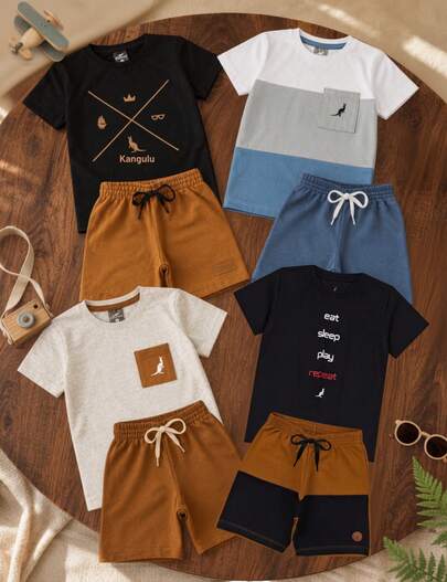 Kit 4 Peças 2 Conjunto Infantil Menino Verão em Algodão Confortável 2 Camisas 2 Shorts Sortido Roupa Infantil Bebê 1 2 3 4 6 8 10 12 Anos