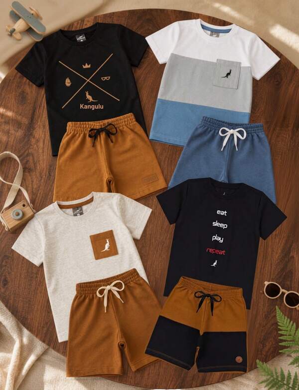 Kit 4 Peças 2 Conjunto Infantil Menino Verão em Algodão Confortável 2 Camisas 2 Shorts Sortido Roupa Infantil Bebê 1 2 3 4 6 8 10 12 Anos