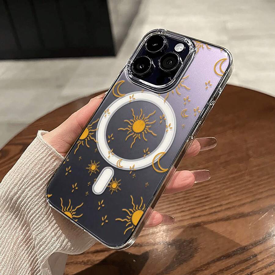 Handyhülle - Minimalistisches Linienkunst, Mondmuster, schützend mit Stoßdämpfung, transparente magnetische Hülle, geeignet für 1716 15 14 13 12 11 Pro Plus Pro/ S24/25/Ultra, Feiertagsaccessoire, ideal als - Transparent - Übersicht 1