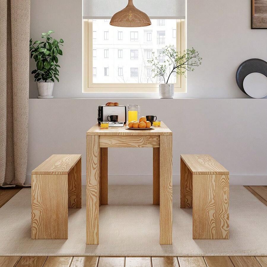 Compact Kitchen Dining Table Set – Wooden 3-Piece Dinette With 2 Matching Benches, Seats Up To 4, Space-Saving Design For Small Apartments, Dorms Or Studio Living Spaces - Wood - View 1