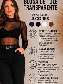 Elegant And Modern Women's Long Sleeve Marsala Wine Tulle Blouse With Mock Neck - 紅木色 - 查看 3