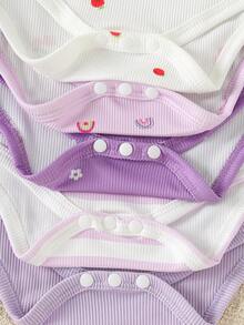 5pcs/Set Infant & Baby Girl Comfortable Cute Casual Long Sleeve Bodysuit Set, Spring/Autumn - Lilac Purple - View 6