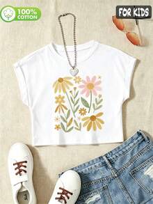 Girls 100% Cotton Drop-Shoulder Short-Sleeved T-Shirt With A Sweet Daisy And Wildflower Print, In A Cute And Sweet Style - White - View 1