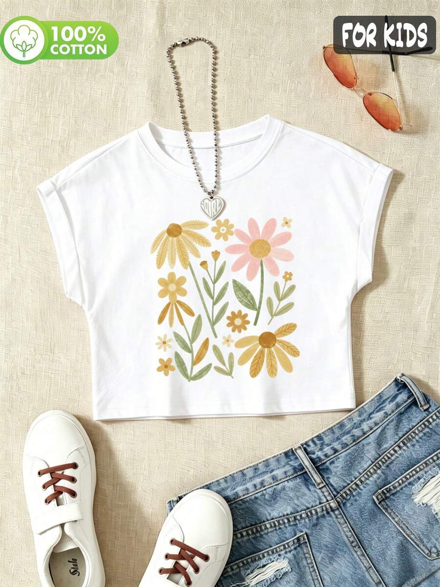 Girls 100% Cotton Drop-Shoulder Short-Sleeved T-Shirt With A Sweet Daisy And Wildflower Print, In A Cute And Sweet Style - White - View 1