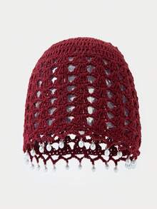 Bohemian Style Handmade Crochet Hollow Swirl Hat, Women's Pearl Decorated Soft Knitted Headscarf, Lightweight Breathable Knitted Cap, Suitable For Daily Wear And Chemotherapy - A - View 2