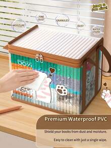 tonxiyuemu 1pc Transparent Cartoon Book Storage Bag With Handle, Dust-Proof Manga Organizer Box, Large Capacity Transparent PVC Textbook Holder For Students And Book Lovers, Moisture-Proof Visible Desktop Storage Bin - Single Piece - View 3