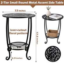 Mesa auxiliar redonda de metal de 2 niveles, mesas de centro con acento negro, estante de esquina para plantas de espacio pequeño para interiores y exteriores, porche, patio, balcón, sala de - Multicolor - Ver 4
