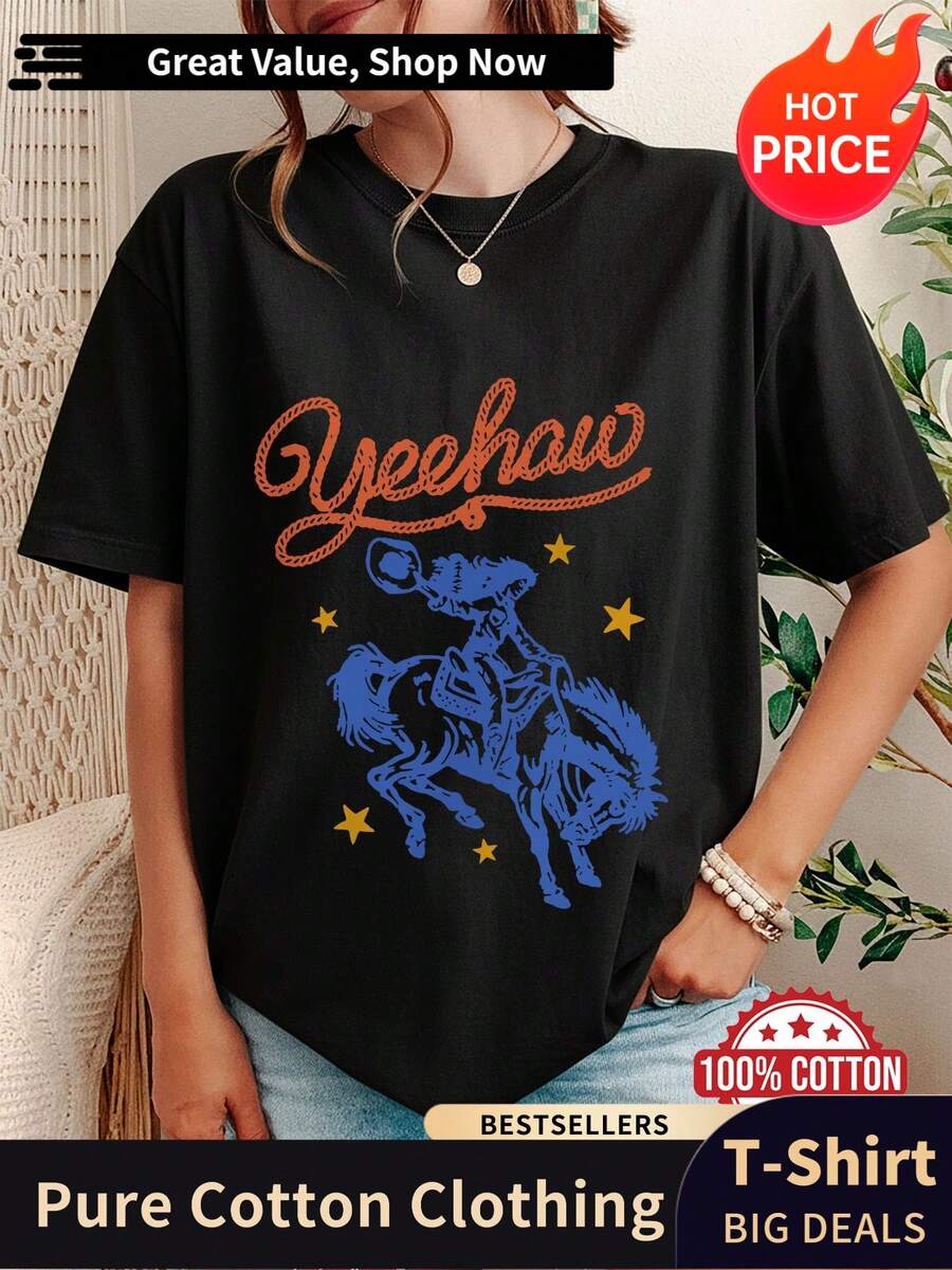 Maglietta casual da donna, stile western in denim con stampa stella da equitazione Yeehaw, maniche corte, girocollo, oversize, spalle cadenti [Quiet K] - nero - Visualizzare 1