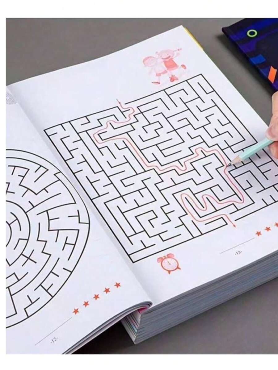 1本迷宮訓練書，白色，耐用紙質，趣味教育，設計有專注力拼圖以增強腦力，適合作為萬聖節、聖誕節、開學季、新年及其他場合的禮物，提升腦力 - 彩色 - 查看 1