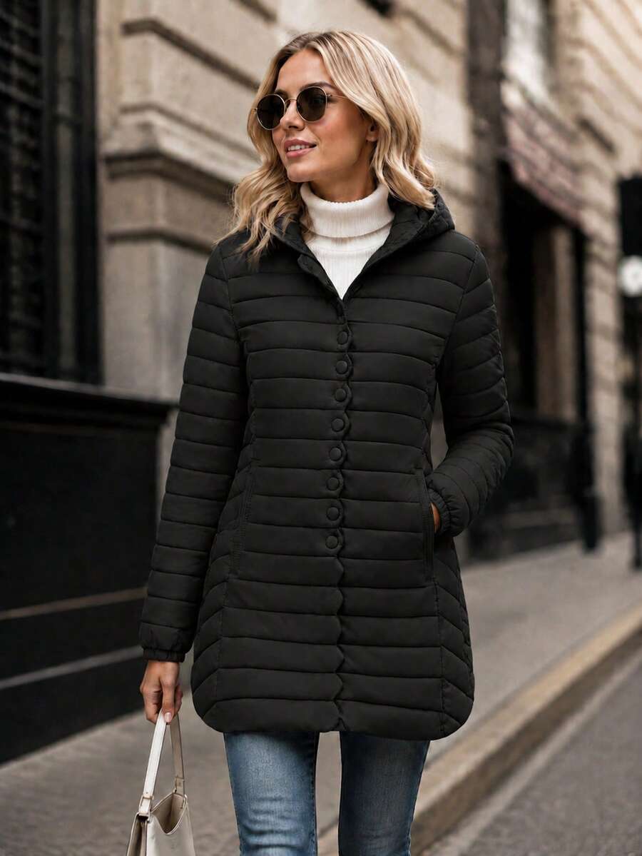 1pc Women's Lightweight Padded Coat, Spring New Style, Mid-Length, Outdoor Sports, Casual Versatile, Solid Color, Zipper, Spring Outwear - Black - View 1