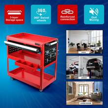 Crystals 3 Tier Rolling Tool Trolley Cart With Lockable Drawer, Steel Garage Storage Organizer With Wheels, Workshop Utility Service Cart 75kg Capacity - Red - View 5