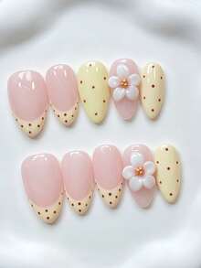 Shecass Almond-Shaped Sweet Style Press-On Nails, Pink Cream Polka Dot French Fake Nails, 3D White Hand-Painted Floral Reusable Artificial Nails, Cute Sweet Short Nails, Suitable For Daily, Holiday, Wedding, Y2K Autumn, Travel, Vacation, Gift, Party, Music Festival, Back To School Season - Multicolor - View 2