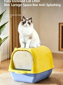 Cartoon Cat Ear Fully Enclosed Litter Box With Lid, Large Space Anti-Splash Anti-Scatter Front Filter Door, Leak-Proof Easy-Clean Litter Tray, Includes Litter Scoop, Suitable For Indoor Small And Medium Cats - one-size - View 1