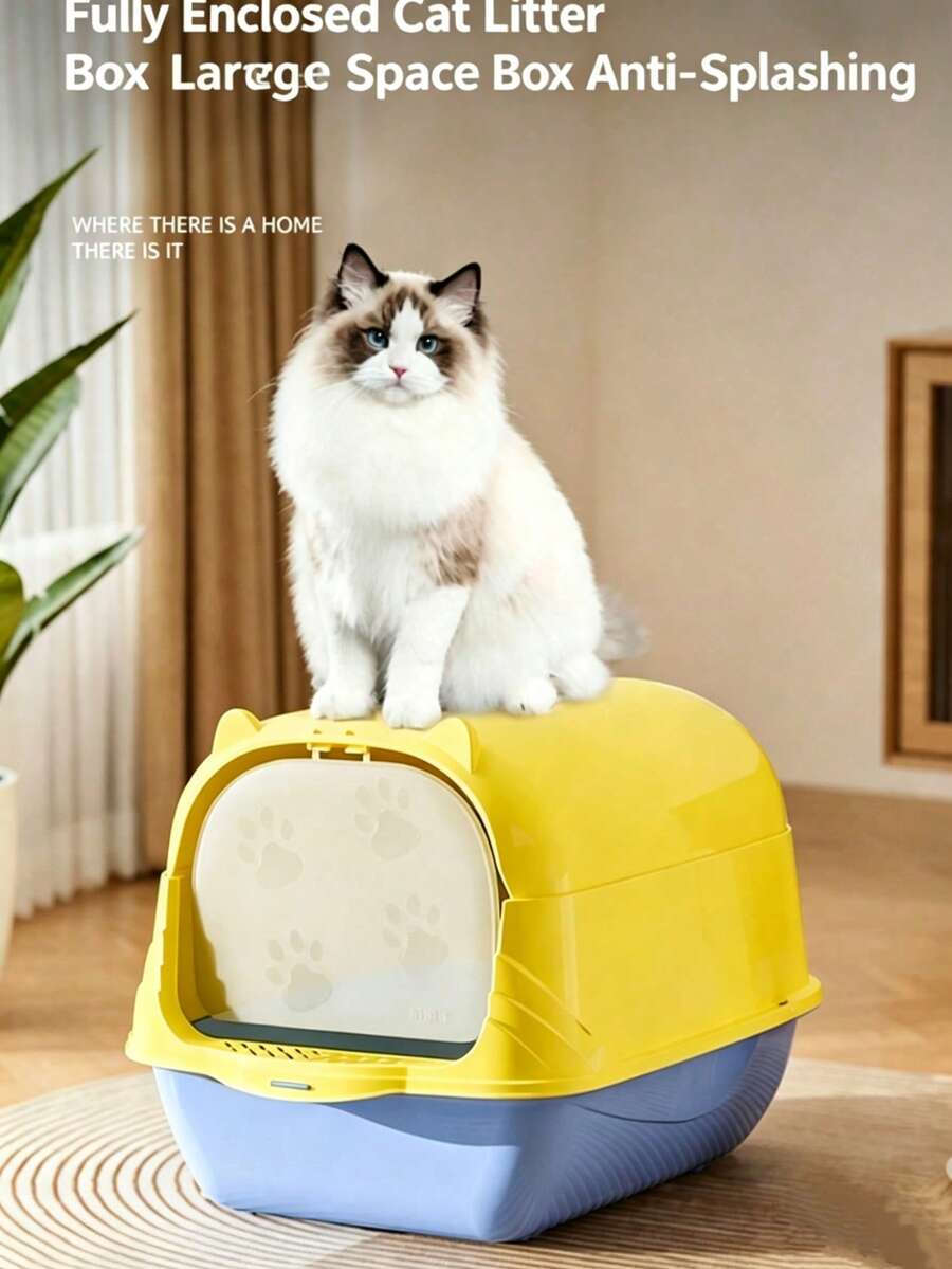 Cartoon Cat Ear Fully Enclosed Litter Box With Lid, Large Space Anti-Splash Anti-Scatter Front Filter Door, Leak-Proof Easy-Clean Litter Tray, Includes Litter Scoop, Suitable For Indoor Small And Medium Cats - one-size - View 1