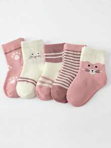 5 Pairs Pink Baby Socks, Cute Cartoon Cat Mid-Calf Socks For Baby Girls, Suitable For Spring, Summer, Autumn, Breathable And Comfortable - Multicolor - View 5