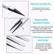 3pcs Interchangeable Head Anti-Static Tweezers Set, Stainless Steel Precision Pointed ESD Tweezers, Stainless Steel Tweezers Body, Carbon Fiber Conductive Plastic Tweezers, Electronic Repair Hand Tool DIY Gripping Tool Set - Tweezers - View 6