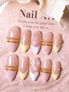 10 Peças Adesivos de Unhas em Formato de Amêndoa Feitos à Mão, Design Floral Francês Branco e Amarelo, Renda Branca Pintada à Mão, Pontas Francesas Amarelas e Decoração de Linha Ondulada 3D, com Floral 3D Branco Feito à Mão, Contas de Metal e Fio Dourado, Elegante e Romântico - Multicolorido - Visão 1