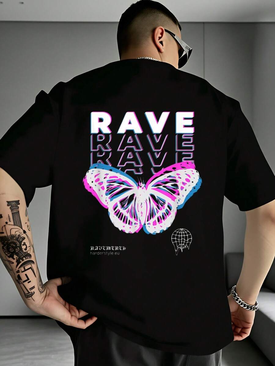 Men's Rave Butterfly Techno Hardtechno T-Shirt, Solid Color, Crew Neck, Short Sleeves, Casual, For Music Festivals, Lightweight, For Everyday Wear - Black - View 1