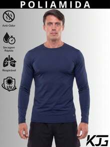 Camisa Térmica Poliamida Masculina Proteção Solar Uv50+ Segunda Pele Anti Odor Manga Longa Inverno Frio e Calor Treino Corrida - Azul Marinho - Visão 2